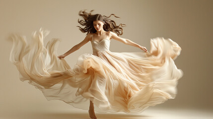 Beautiful fashion model woman with frill flowy beige dress , dancing pose, . Fashion portrait...