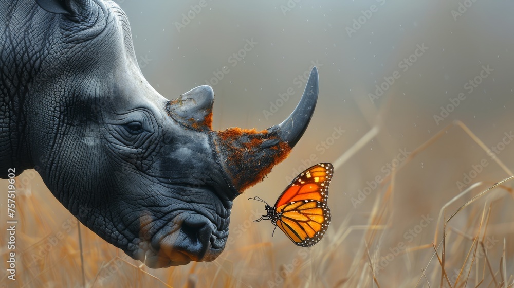 Poster a close up of a rhino's face with a butterfly on it's nose and a rhino's head in the background.