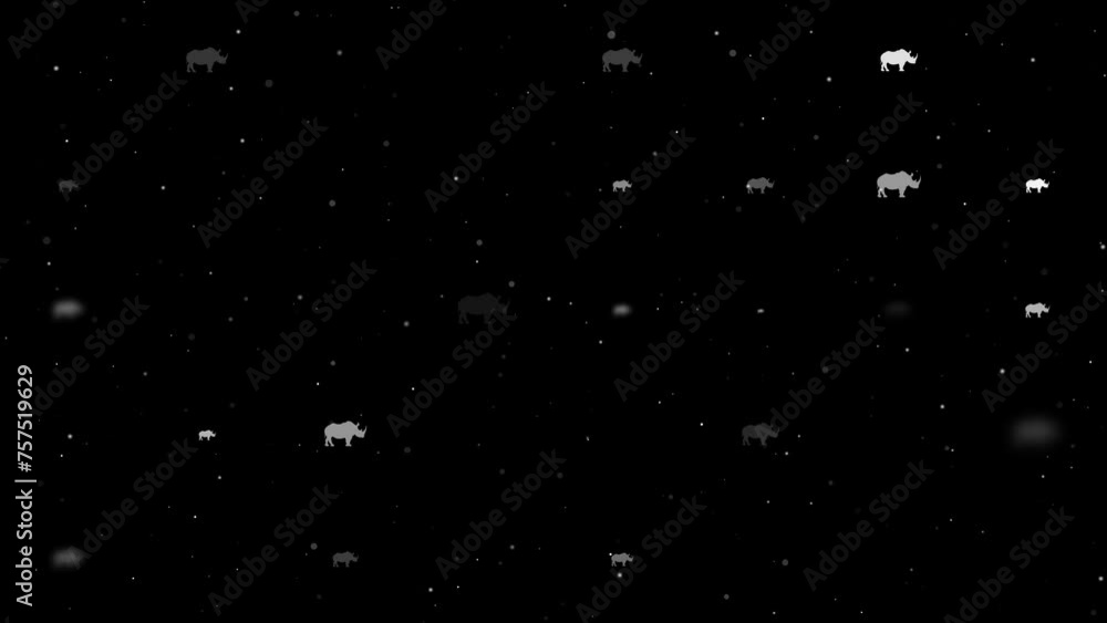 Poster template animation of evenly spaced rhino symbols of different sizes and opacity. animation of trans