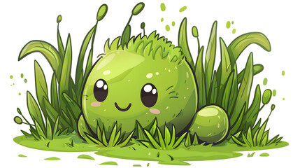 A green spherical being enjoys a playful splash in a grassy puddle, embodying fun and liveliness