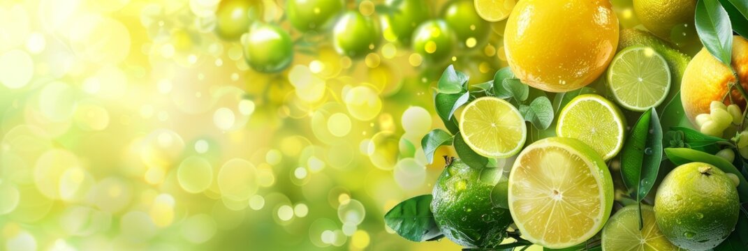 Fresh citrus fruits and grapes on a yellow bluured background with water droplets, concept helth and organic food, vitamin.
