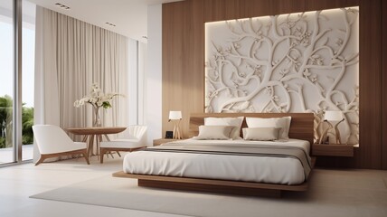 A serene bedroom featuring rosewood and white 3D wall elements, fostering a sense of peace and tranquility.