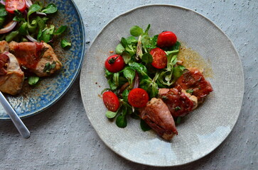 Saltimbocca. Veal schnitzel with sage and Parma ham. Italian specialty. close up view, yummy