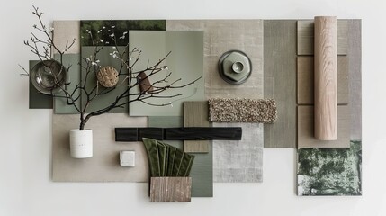Top view of a carefully arranged modern interior design setup, showcasing different textures and materials. Moodboard green-biege tones