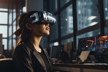 A woman immersed in virtual reality  and augmented technology, wearing a headset and interacting with the digital world.