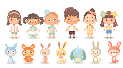 A diverse set of cute cartoon kids and playful toy bunny characters in various poses, full of life and personality
