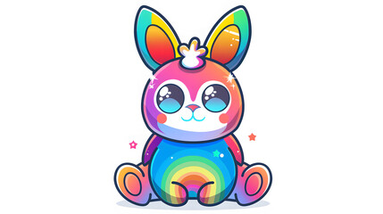 Obraz na płótnie Canvas A kawaii-inspired cartoon rabbit displaying a sparkling rainbow on its belly, symbolizing happiness and hope with its sparkly eyes