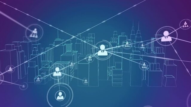 Animation of network of connections with icons over digital city model on blue background