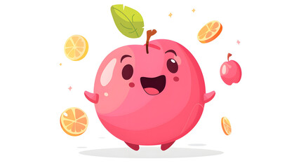An adorable, charming cartoon-style pink fruit with a big smile and citrus fruits around it to evoke freshness and delight