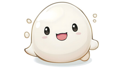 This image features a joyous white cartoon blob character with big eyes and a wide smile