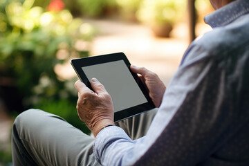 Close-up of a blank iPad in the hands of an elderly white man sitting against the background of a summer garden Mock-up for design. Blank template.	
Advertise concept.