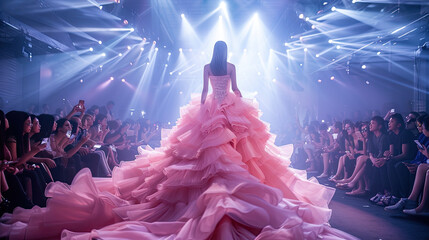Beautiful fashion model woman with pink princess gown dress on ramp,  Fashion portrait isolated on...