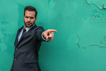 A determined businessman, pointing forward with confidence, photographed against a bold emerald green backdrop.