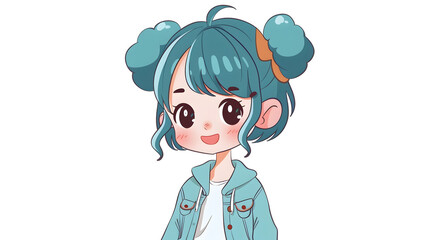 Fototapeta premium An image of a modern young cartoon girl with stylish blue hair and headphones indicating a love for music or solitude