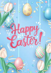 Happy Easter vertical greeting card with hanging on ribbons colorful painted Easter eggs, beautiful tulips (spring flowers) and glossy confetti on soft blue background with handwriting text