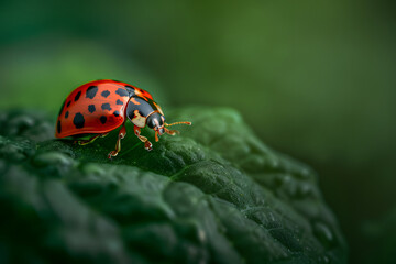 a ladybug crawling along a leaf, showcasing its vibrant colors and distinctive spots up close