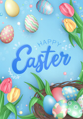 Template of soft blue vertical card or poster with 3d colorful painted Easter eggs, pink and yellow spring flowers (tulips), nest with pastel colored eggs and handwriting greeting text - Happy Easter!