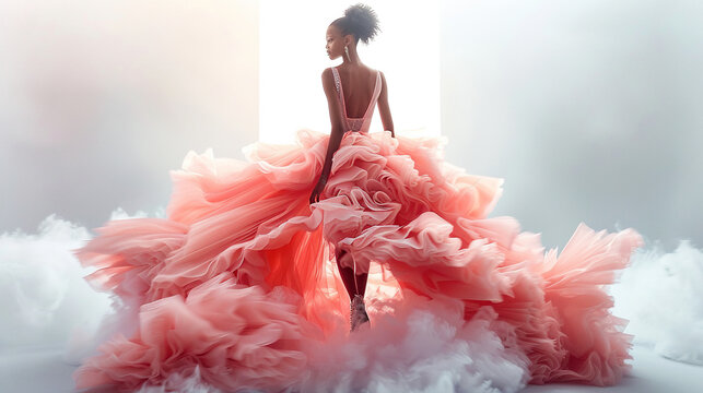 Beautiful fashion model woman with pink princess gown dress on ramp,  Fashion portrait isolated on ramp background	