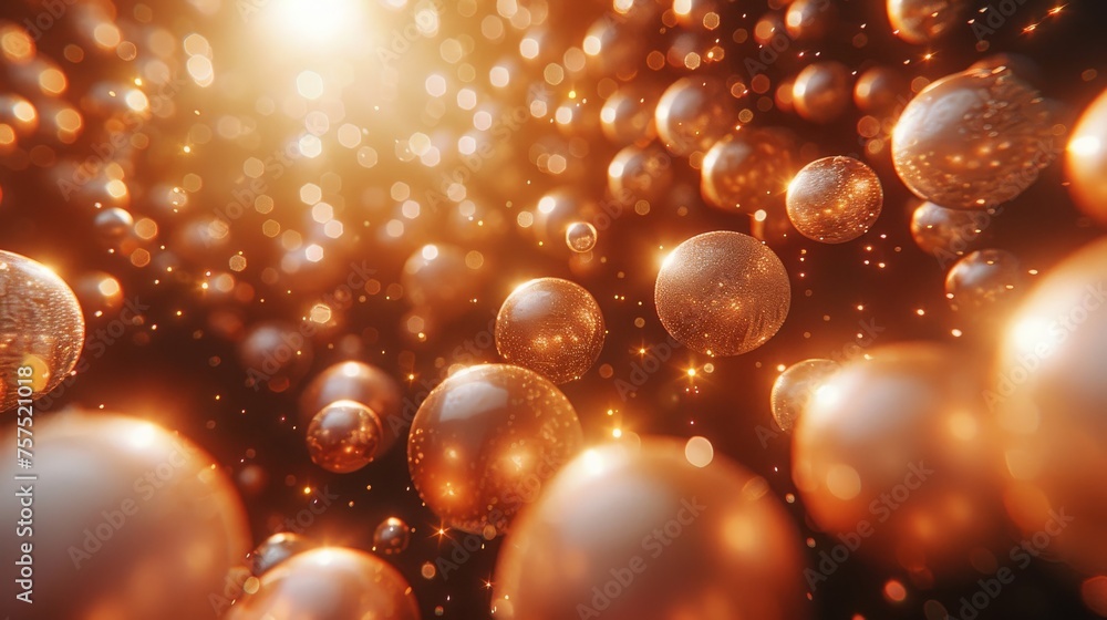 Poster a bunch of shiny balls floating in the air with a bright sun in the background and some bubbles in t