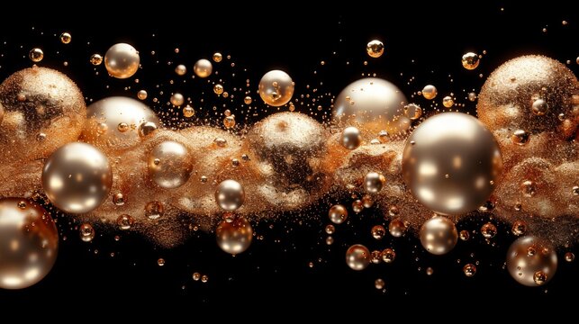 a group of bubbles floating on top of a black surface with gold and white bubbles in the middle of the image.