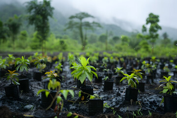  a reforestation project where volunteers plant trees in deforested areas, restoring habitats and sequestering carbon to mitigate climate change - obrazy, fototapety, plakaty