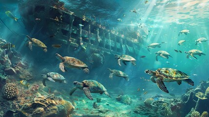 Turtles underwater with shipwreck - obrazy, fototapety, plakaty