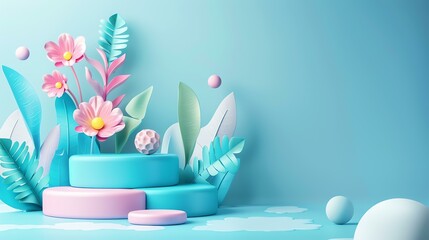 3D rendering of a pink and blue podium with a floral arrangement.