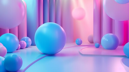 3D rendering. Pink and blue pastel colors. Futuristic background with balls. Abstract minimal scene.