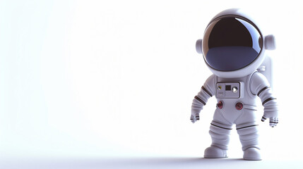 3D rendering of a cute astronaut in a white spacesuit with a black helmet and a big smile on his face.
