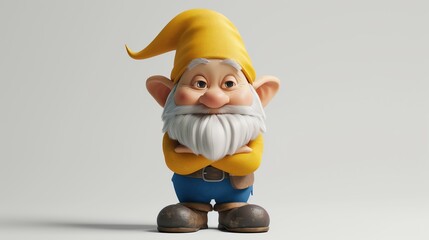 Cheerful garden gnome with yellow hat and white beard. He is wearing blue pants and brown shoes. The background is white.