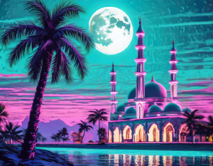 midnight moon with palm treen and mosque