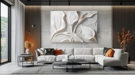 a contemporary living room, accentuated by a three-dimensional relief decorative painting inspired by the graceful calla lily.