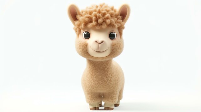 A delightful 3D alpaca with an irresistible charm stands gracefully on a pristine white background. Its adorable features and fluffy texture make it the perfect image to add cuteness and whi