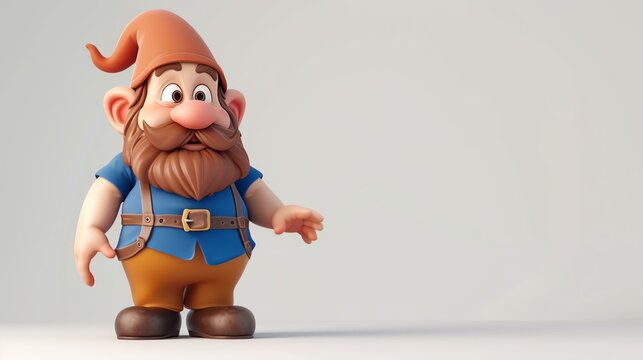3D rendering of a cute cartoon gnome. The gnome is wearing a blue shirt, brown pants, and a red hat. He has a long white beard and a friendly smile.