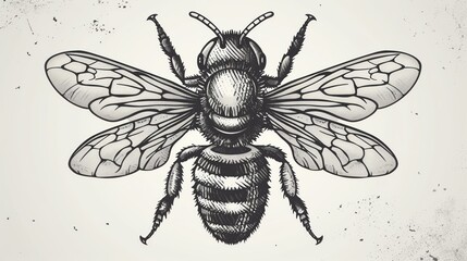 Detailed drawing of a bee. The bee is facing the viewer with its wings spread out. The bee's body is covered in tiny hairs.