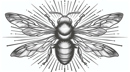 Detailed drawing of a bee with spread wings. The bee is facing the viewer and is surrounded by a burst of light. - obrazy, fototapety, plakaty