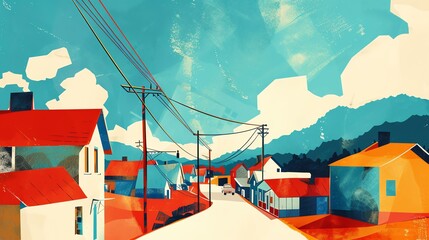 A retro styled illustration of a small town in the mountains. The sky is a bright blue and the sun is shining. There are a few clouds in the sky.
