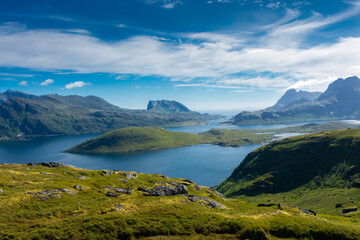 Fototapeta na wymiar Beautiful landscape of the Lofoten Island from Ryten Mount, Norway