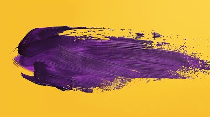 Oil painting on canvas. Abstract art. Brushstrokes of purple paint on a yellow background.
