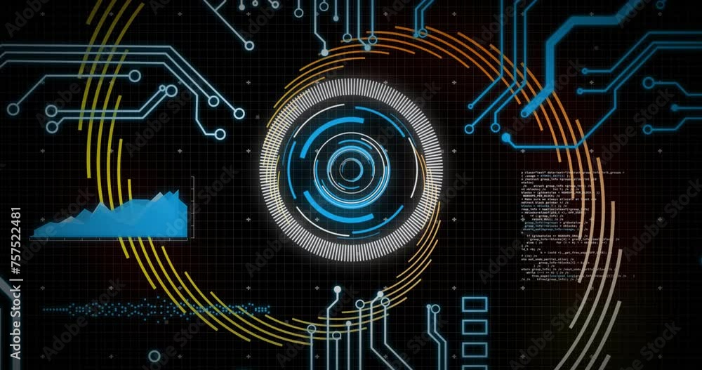 Poster animation of data processing with scope scanning over spinning lines on black background