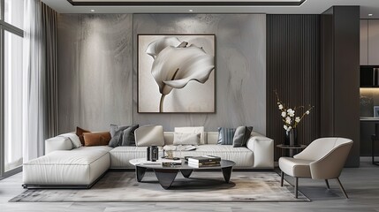 a contemporary living room, accentuated by a three-dimensional relief decorative painting inspired by the graceful calla lily.