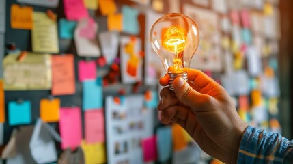 A hand holding a glowing light bulb in front of a colorful background of sticky notes. The light...