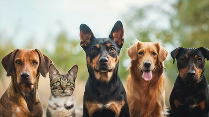 A group of five dogs and a cat are sitting in a row and looking at the camera. The animals are all different breeds and colors. - obrazy, fototapety, plakaty