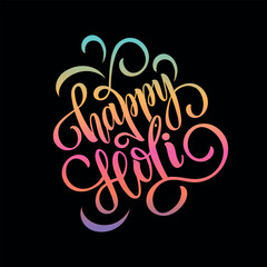 Happy Holi handwritten text. Hand lettering, modern brush ink calligraphy on black background. Indian festival of colors theme. Colorful gradient vector illustration typography design as logo, card