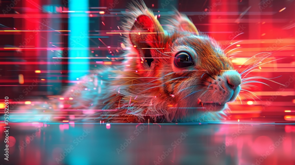 Poster a digital painting of a squirrel in front of a red and blue background with lines coming out of its 