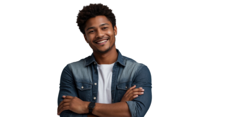 Captivating image young man with a warm smile and folded arms, presented against a transparentwhite background