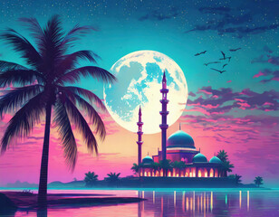 midnight moon with palm treen and mosque - obrazy, fototapety, plakaty