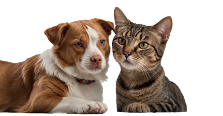 Captivating image of a content dog and cat sharing a gaze with the camera against a white background—illustrating the extraordinary friendship and warmth between these pets.