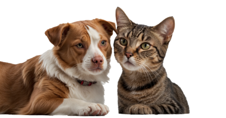 Captivating image of a content dog and cat sharing a gaze with the camera against a white background—illustrating the extraordinary friendship and warmth between these pets.