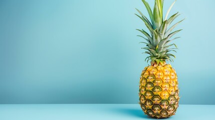 A large, ripe pineapple sits on a blue table against a blue background.